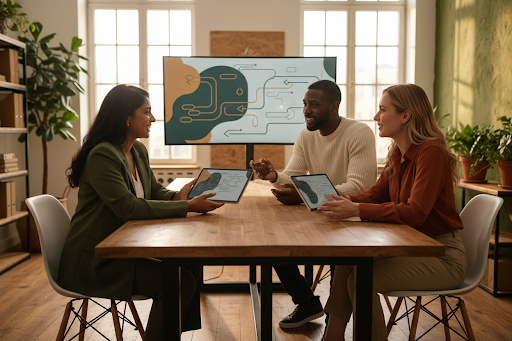 Team reviewing an integration workflow around a conference table